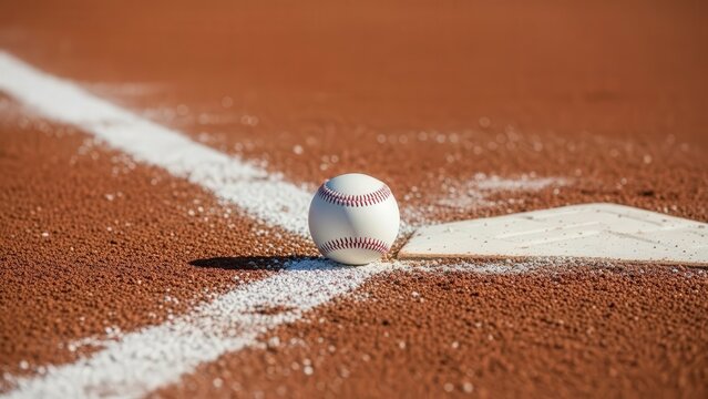 Close-up of Baseball Ball on Clay Baseball Field with First Base Line