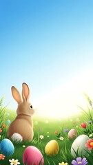 Easter bunny sitting in a field of colorful eggs and flowers