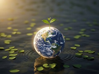 Globe with a small plant growing out of it in water with lily pads