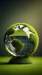 Eco friendly earth globe with green grass and reflection