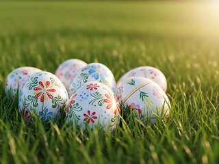 Easter eggs in grass with floral patterns