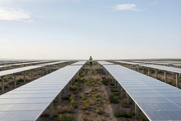 Naklejka premium Aerial view of a massive solar farm field with rows of photovoltaic panels under a clear blue sky.