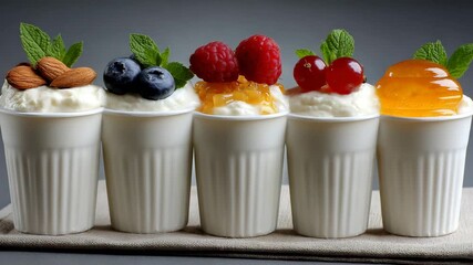 Delicious dessert cups with cream, fruit, and nuts displayed on a table in a kitchen setting
