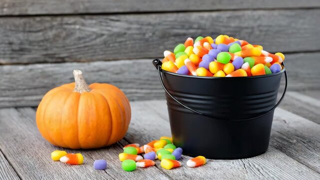 Bucket filled with colorful candy and pumpkin on wooden surface during Halloween season
