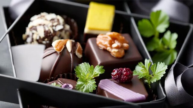 Assorted chocolates in a dark box with nuts and fruits placed on a table