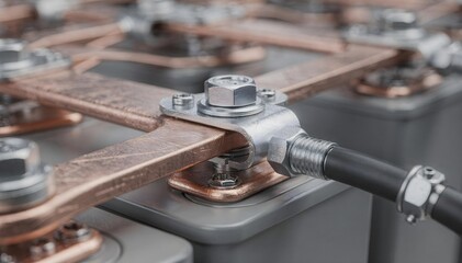 Heavy-duty copper grounding bars and electrical cable connections in a high-voltage industrial facility.
