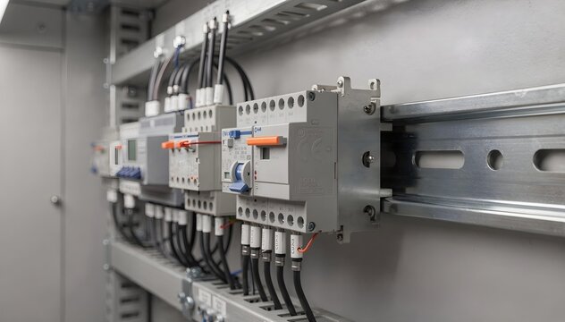 Interior view of industrial electrical components and circuit breakers mounted on a DIN rail system.