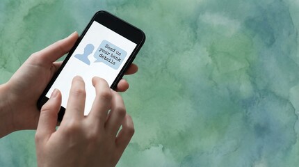 Hand holding smartphone displaying secure message to send bank details for online financial transaction