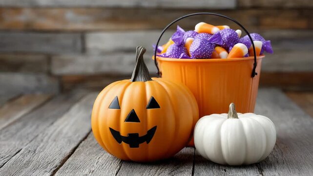 Pumpkin and candy bucket on wooden table for Halloween celebration with focus on festive treats and decorations