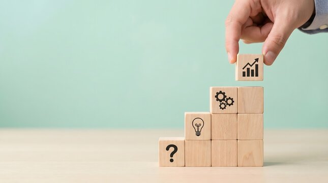 wooden blocks with business icons and hand placing graph block