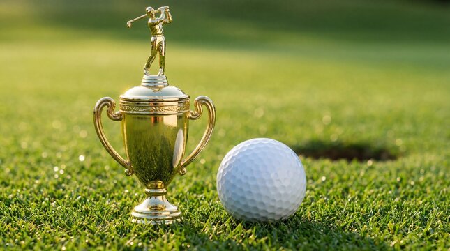 Victory's Green: A gleaming golden trophy and a pristine golf ball, symbols of triumph, sit gracefully on a lush green golf course, a testament to dedication and skill.