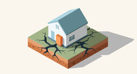 Cracked Earth Beneath a Damaged House Symbolizing Disaster.