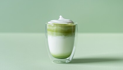 A milkshake latte matcha in glass cup on isolated light green background.