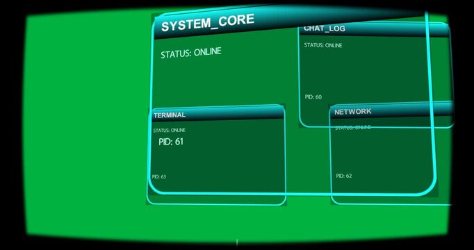 On startup, cyan HUD panels sliding, showing STATUS: ONLINE and PIDs on transparent background