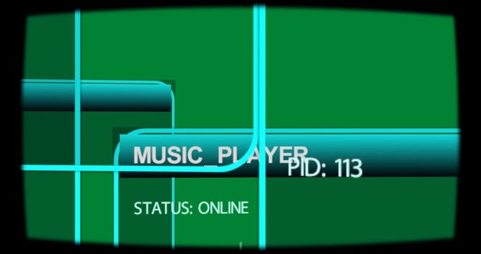 Cyan bar rising HUD expanding linking revealing music system virus on transparent canvas with PIDs