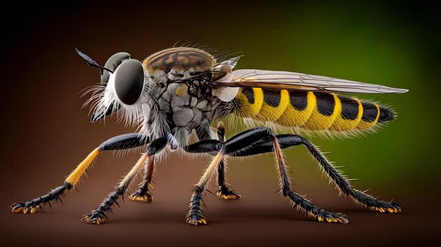 Close-up view of a hoverfly resting on a surface with fine details of its body and wings during bright daylight hours