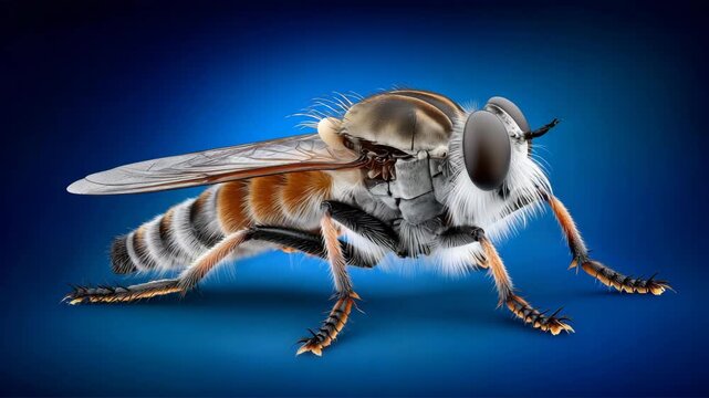 Close-up view of a bee on a blue background showing the details of its body and wings while it rests