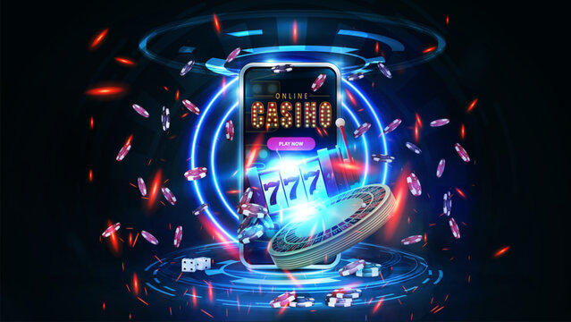 Online casino, banner with smartphone, casino slot machine, casino roulette and poker chips in dark scene with hologram of digital rings and shine sparks