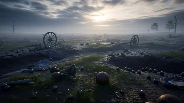 Desolate battleground with cannon wheels, cannonballs, and debris under a cloudy sky. Historical warfare scene for Memorial Day concept.