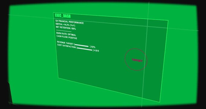 HUD panel in transparent space camera shift starting crosshair sweep tilting to show TARGET metrics