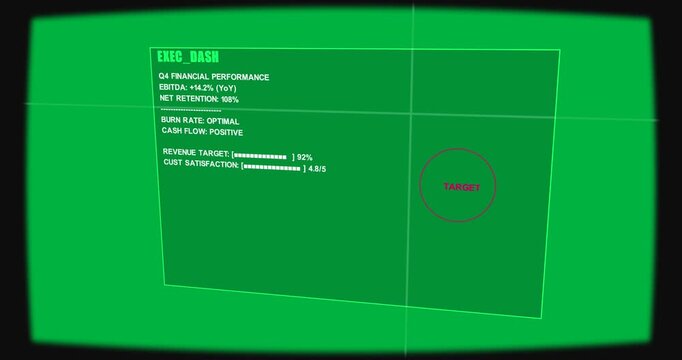Pullback showing EXEC_DASH tilting panel cursor sweeping to show metrics on transparent background