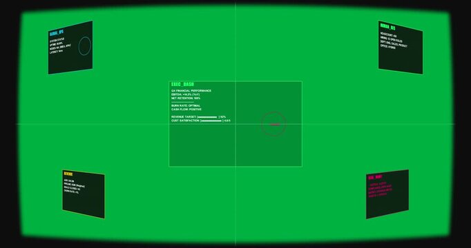 Cam pulling back revealing EXEC_DASH reticle holding corners appearing overview on transparent bg