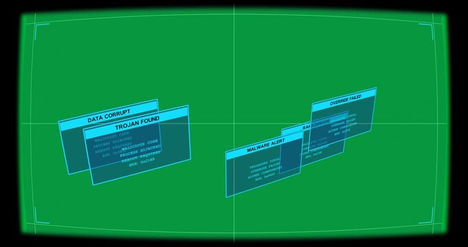 On detection cyan alert panels sliding, stacking, rotating, showing breach on transparent canvas