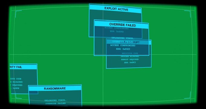 DATA CORRUPT appearing, alerts stacking, flickering, indicating breach on transparent background