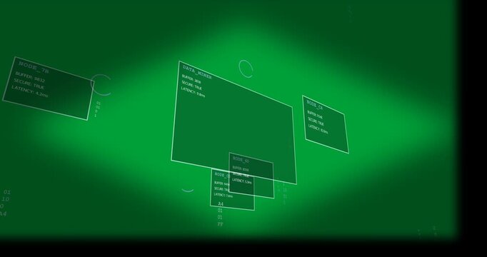 Camera orbiting, DATA_MINER expanding, NODE_60 sliding, revealing runtime metrics on transparent BG