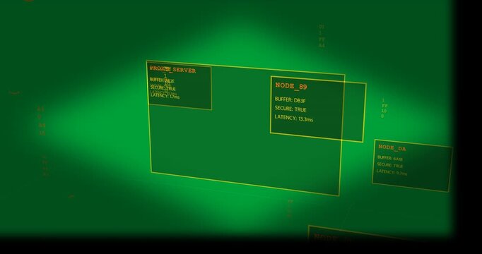 Camera pulling back, proxy and node panels sliding, rotating, showing telemetry on transparent void