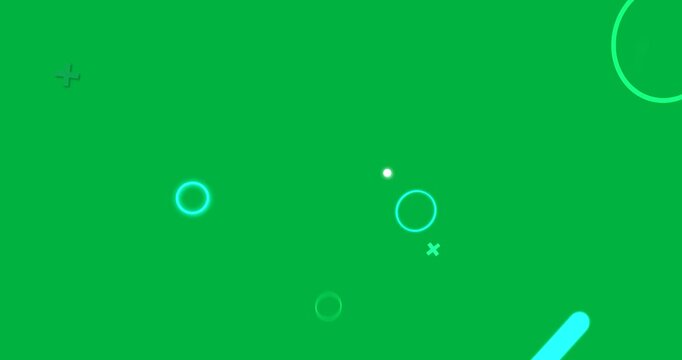 Green arc entering lower left starting shapes drifting rotating fading revealing transparent canvas