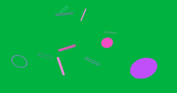 Shapes first appearing, forming cluster then rotating and moving across transparent canvas for demo