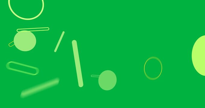 Green shapes moving from upper-left, rotating, aligning into minimal layout on transparent backdrop