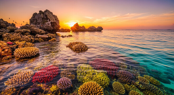 Vibrant Coral Reef at Sunset with Crystal Clear Waters.