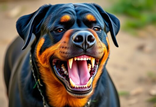 Aggressive Rottweiler snarling, bared teeth, growling, showing dominance and strength, ready to defend,  threat,  fierce
