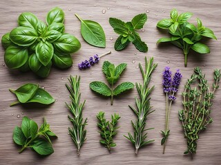 Aromatic herbs assortment flat lay for culinary design background composition