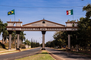 Entrance Portal of Pedrinhas Paulista, Brazil. Flags of Brazil and Italy symbolize the city is Italian heritage.