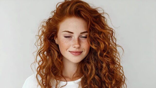 Beautiful ginger girl with natural freckled skin laughing, authentic beauty concept.
