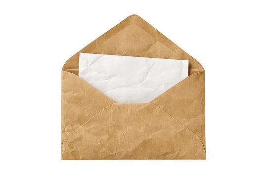 Open brown kraft envelope revealing blank crumpled white paper, concept of communication, mail, and message