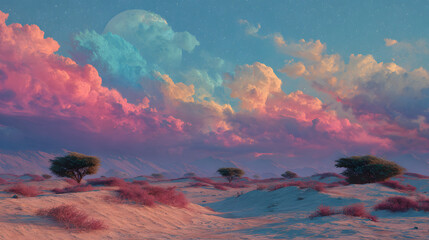 Surreal desert with colorful sky, imaginative digital art