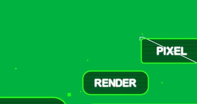 Green dots emerging lower-left, neon UI forming RENDER PIXEL, revealing panel on transparent canvas