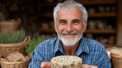 Cheese maker holds blue cheese with pride in a rustic market setting in the countryside