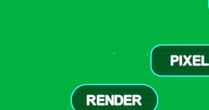 Frame 3 showing neon-cyan RENDER button pulsing, pixels drifting as transparent HUD overlay preview