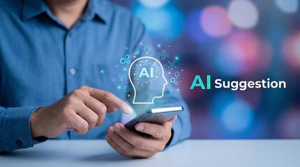 Human hand interacting with futuristic AI suggestion hologram displaying digital brain technology concepts