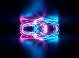 Abstract glowing structure with intertwined pink and blue neon light trails on a dark backdrop. Energetic, futuristic and visually dynamic design.