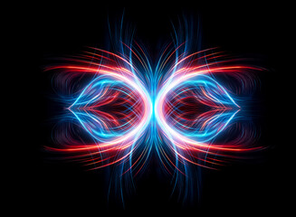 Abstract symmetrical design on black background. Blue and red light trails create an eye-like or butterfly-like form with flowing energy waves.