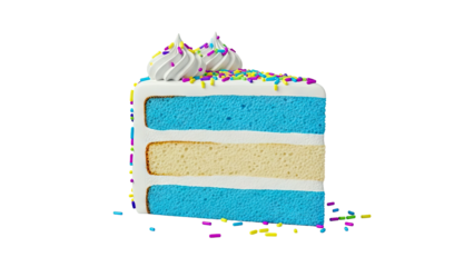 Slice of layered blue and yellow cake with white frosting and sprinkles