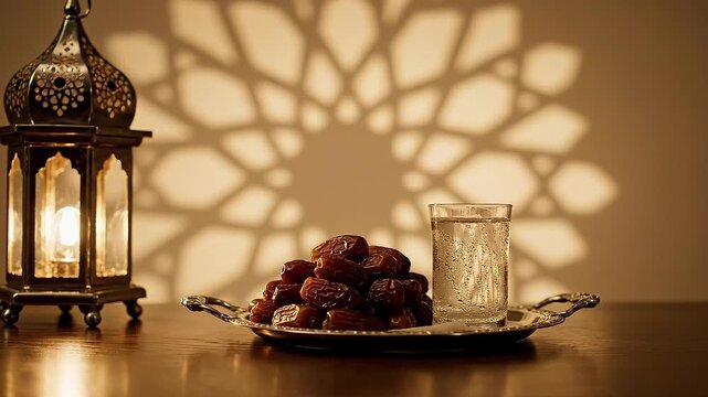 A serene still life setup featuring dates and a glass on a wooden table with a lantern casting intricate shadows