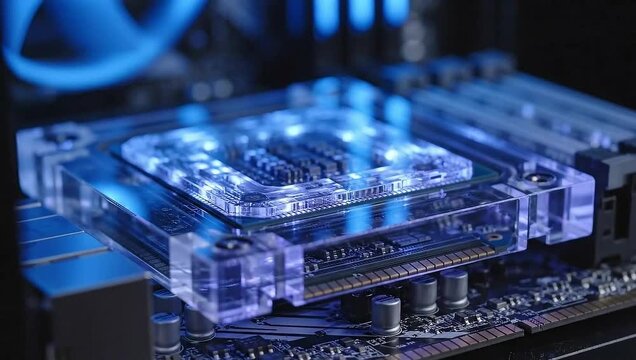 A close-up view of a futuristic transparent computer chip with glowing blue lights on a circuit board in a dark environment
