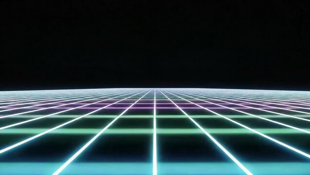 A futuristic grid pattern with neon lights extends into the distance, creating a mesmerizing 3D effect, as seen from a low-angle viewpoint in a dark environment, file reference 0122.mp4